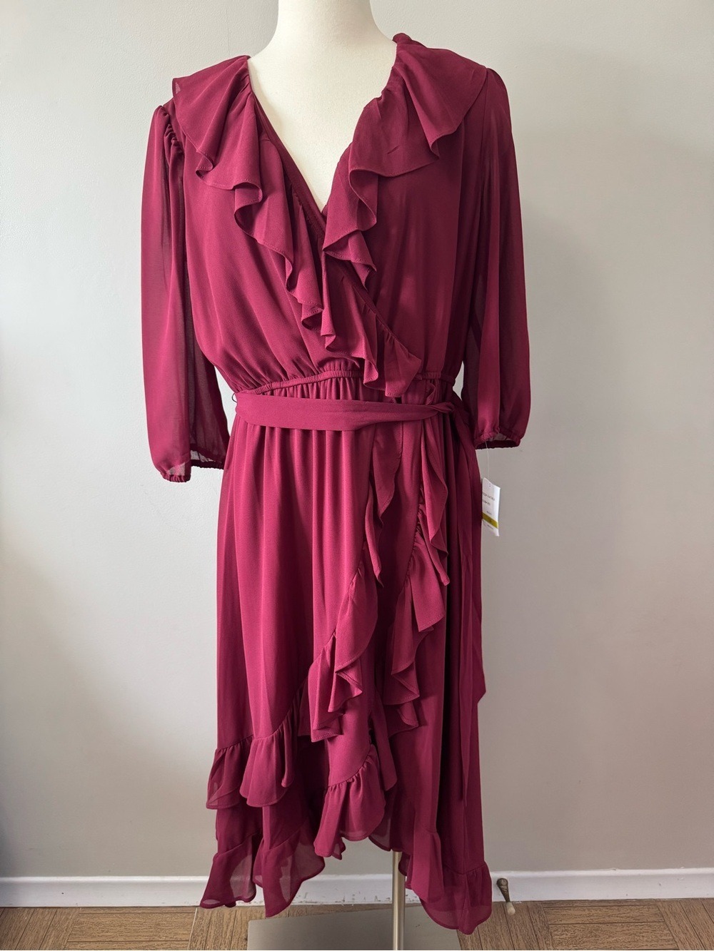 Gabby Skye Ruffle-Trim Wrap Midi Dress in Burgundy